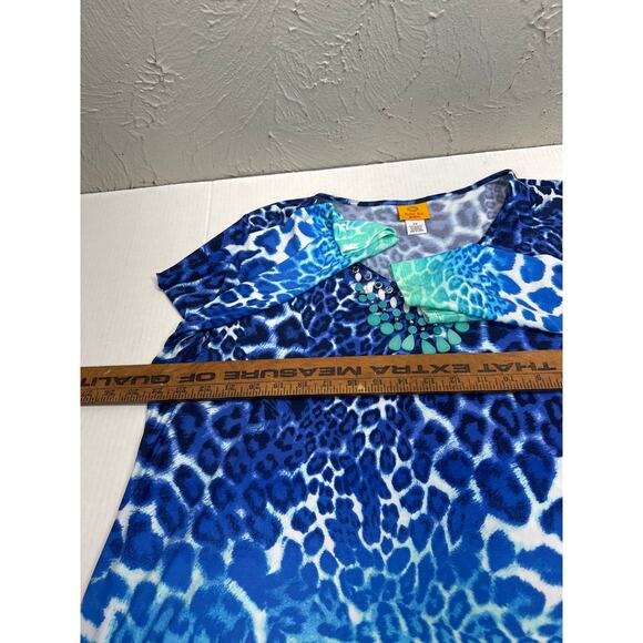 Ruby Rd Blue Print Tunic Blouse Animal Print Beaded Neckline Boho Artsy Size 2X - Picture 6 of 6